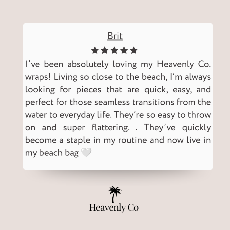 Five-star review for Heavenly Co wraps on a light beige background with brand logo.