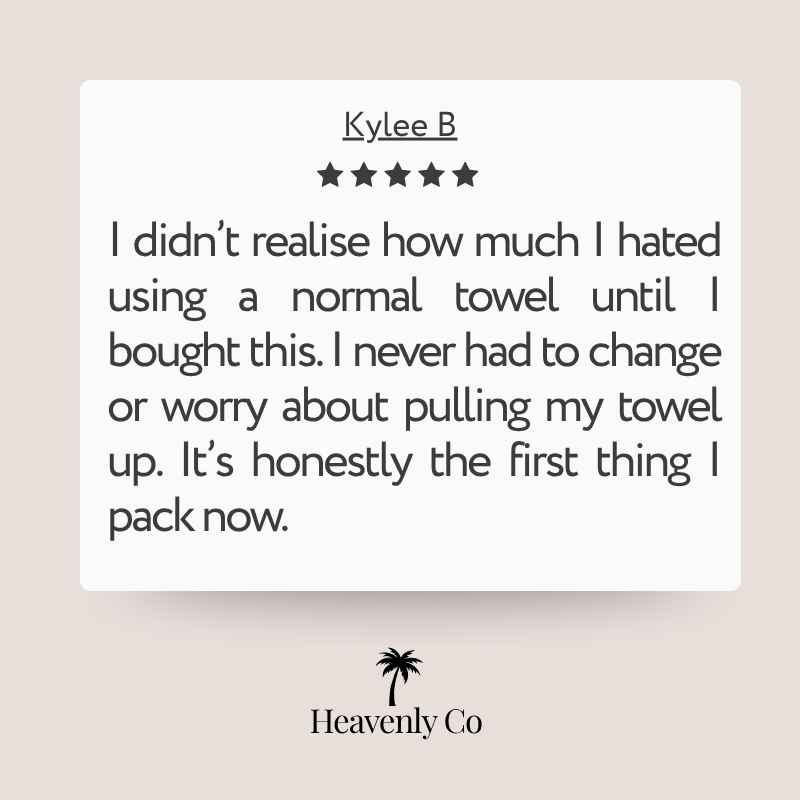 Product review with text praising a towel, featuring the brand 'Heavenly Co'.