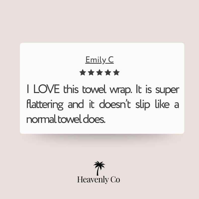 Product review text for a towel wrap with 'Heavenly Co' branding on a light background