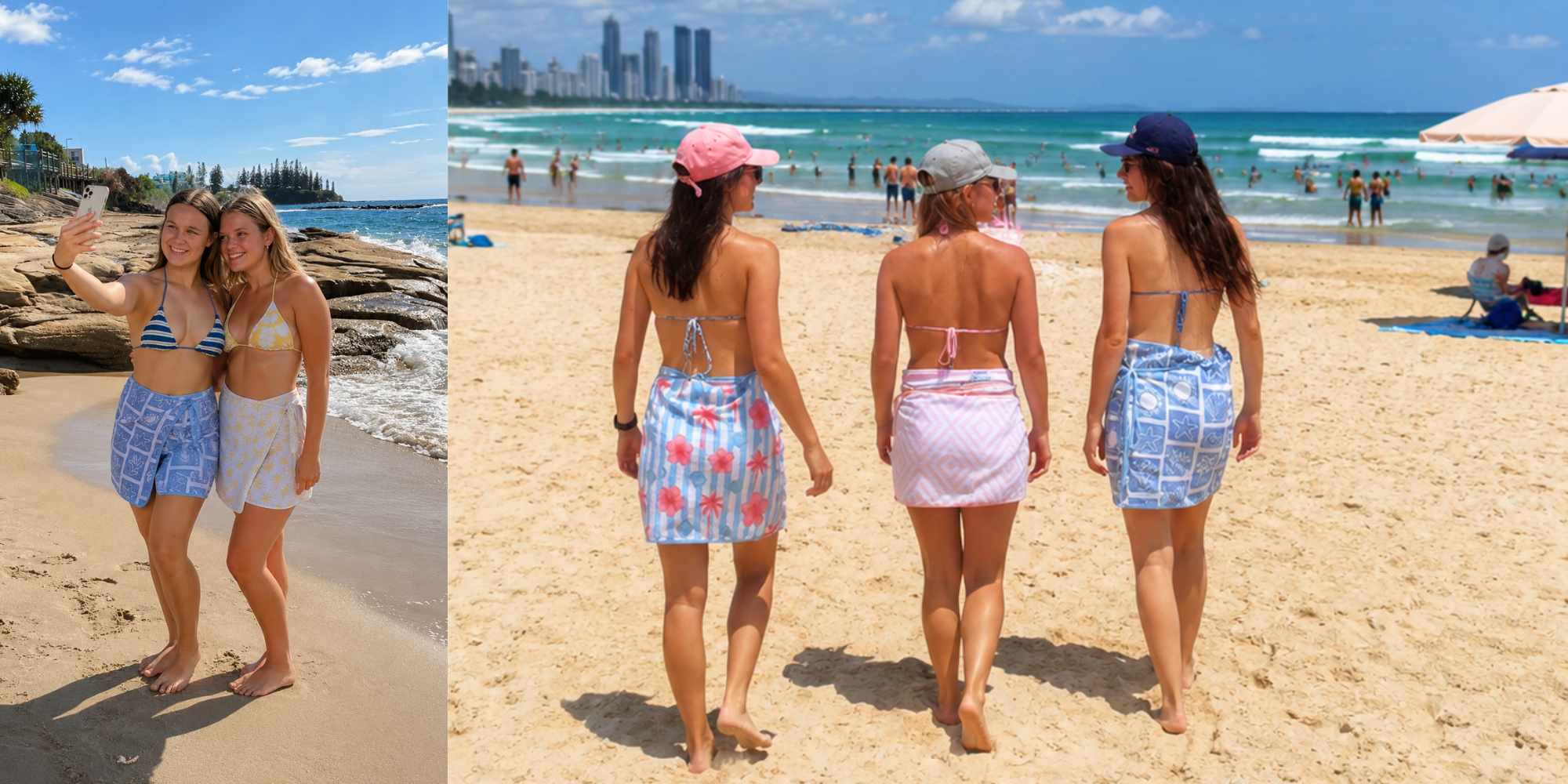 Two women taking a selfie on a beach with a city skyline in the background.