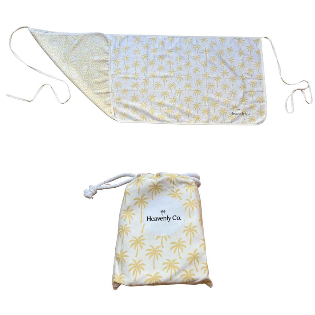 White and yellow patterned Towel wrap skirt with drawstring bag on a white background