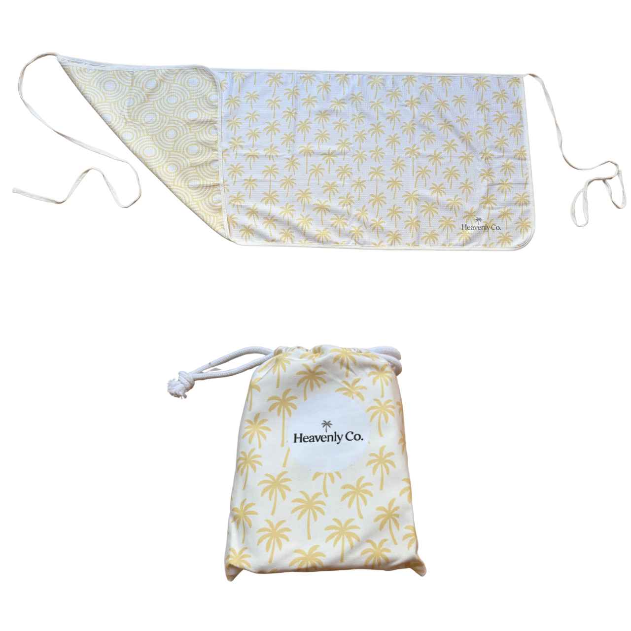 White and yellow patterned Towel wrap skirt with drawstring bag on a white background