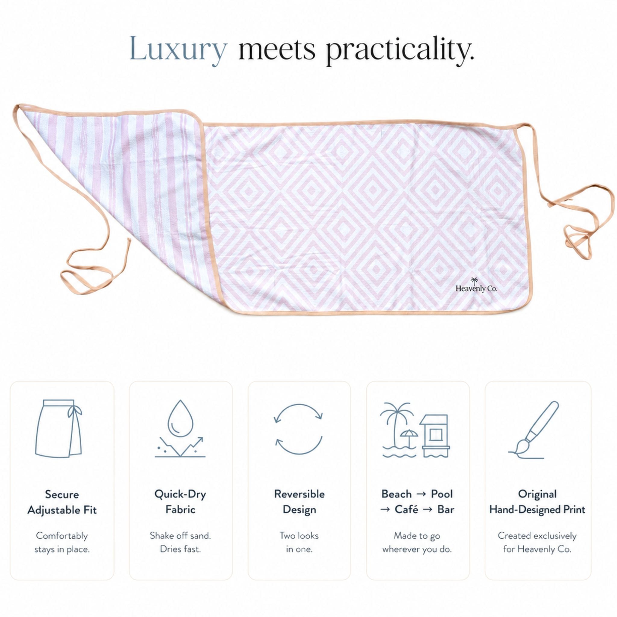 A rectangular beach towel with a pale lavender and white geometric pattern and tan trim, shown on a white background with marketing text and feature icons below. The brand name 'Heavenly Co.