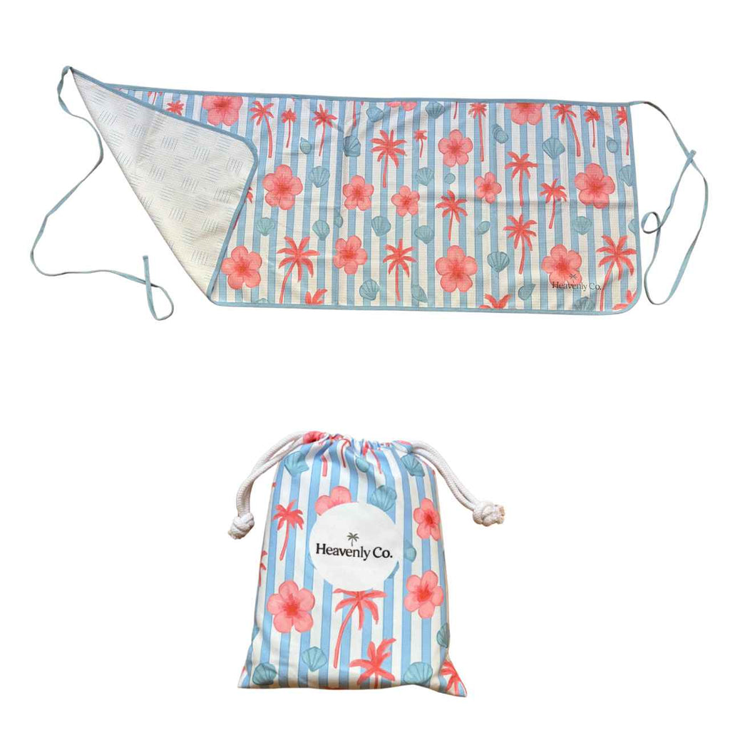 Floral patterned mat with drawstring bag on a white background