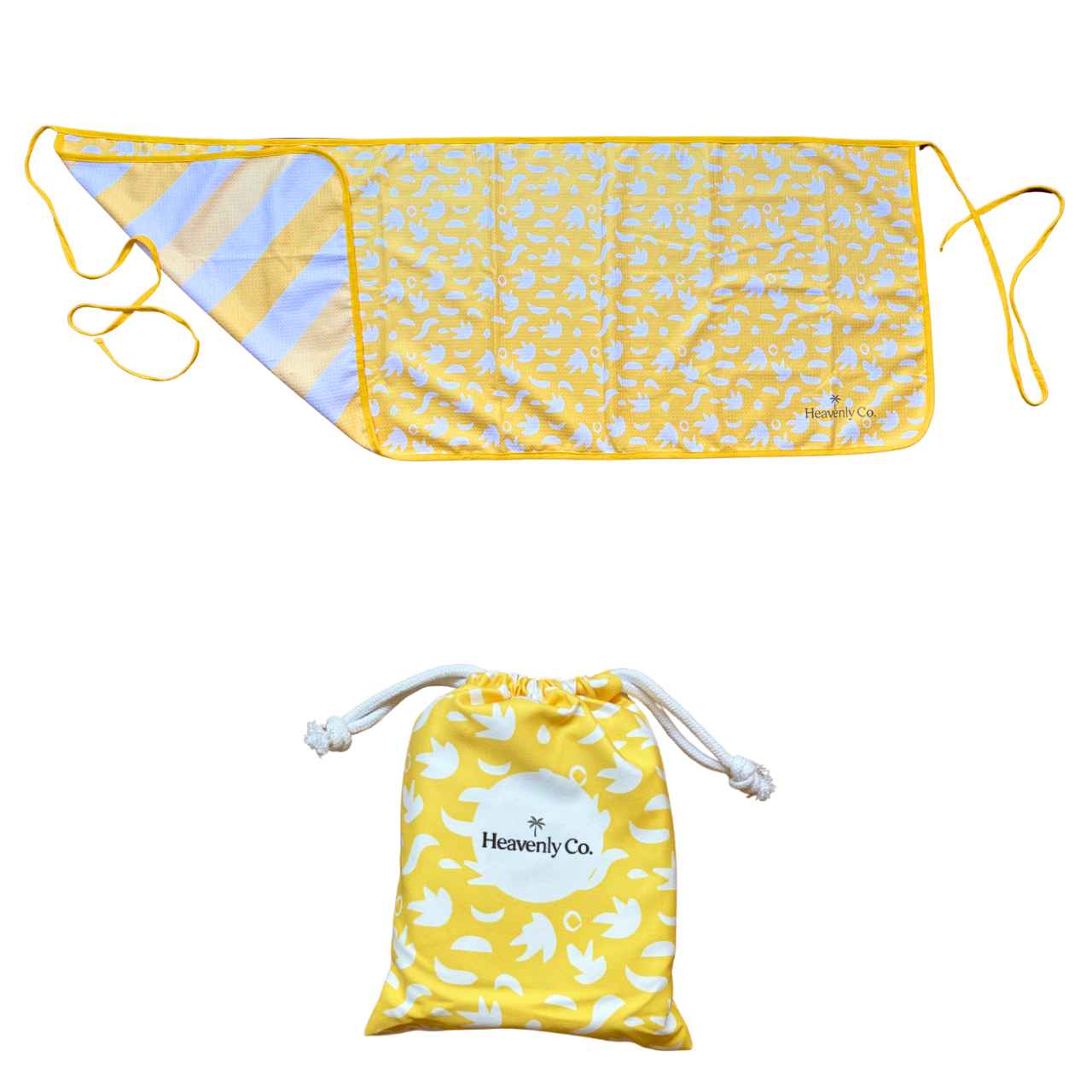 Yellow drawstring bag with white floral pattern and 'Heavenly Co.' branding on a white background.