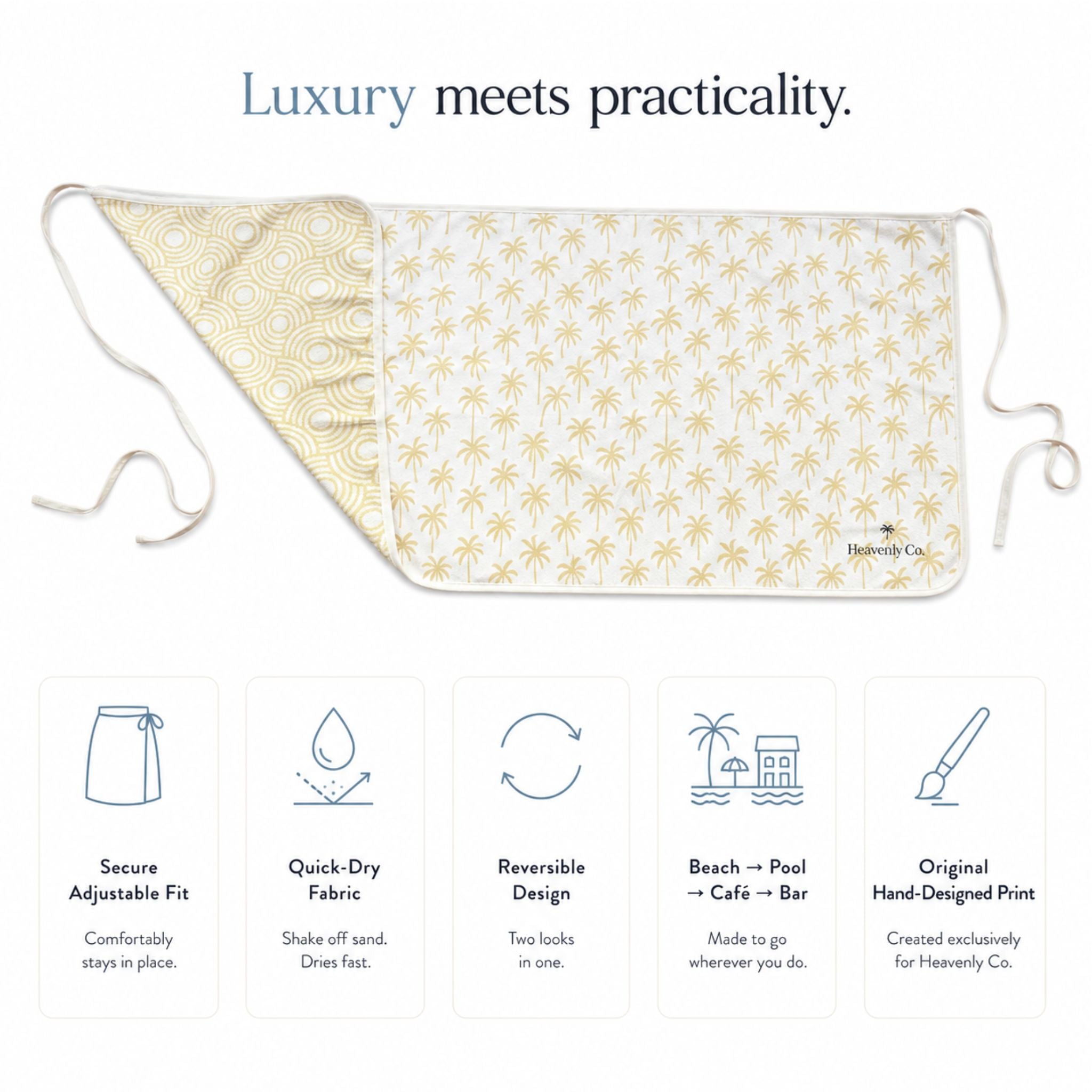 A white apron with a yellow palm tree pattern and adjustable ties, displayed on a white background with marketing text and feature icons below.