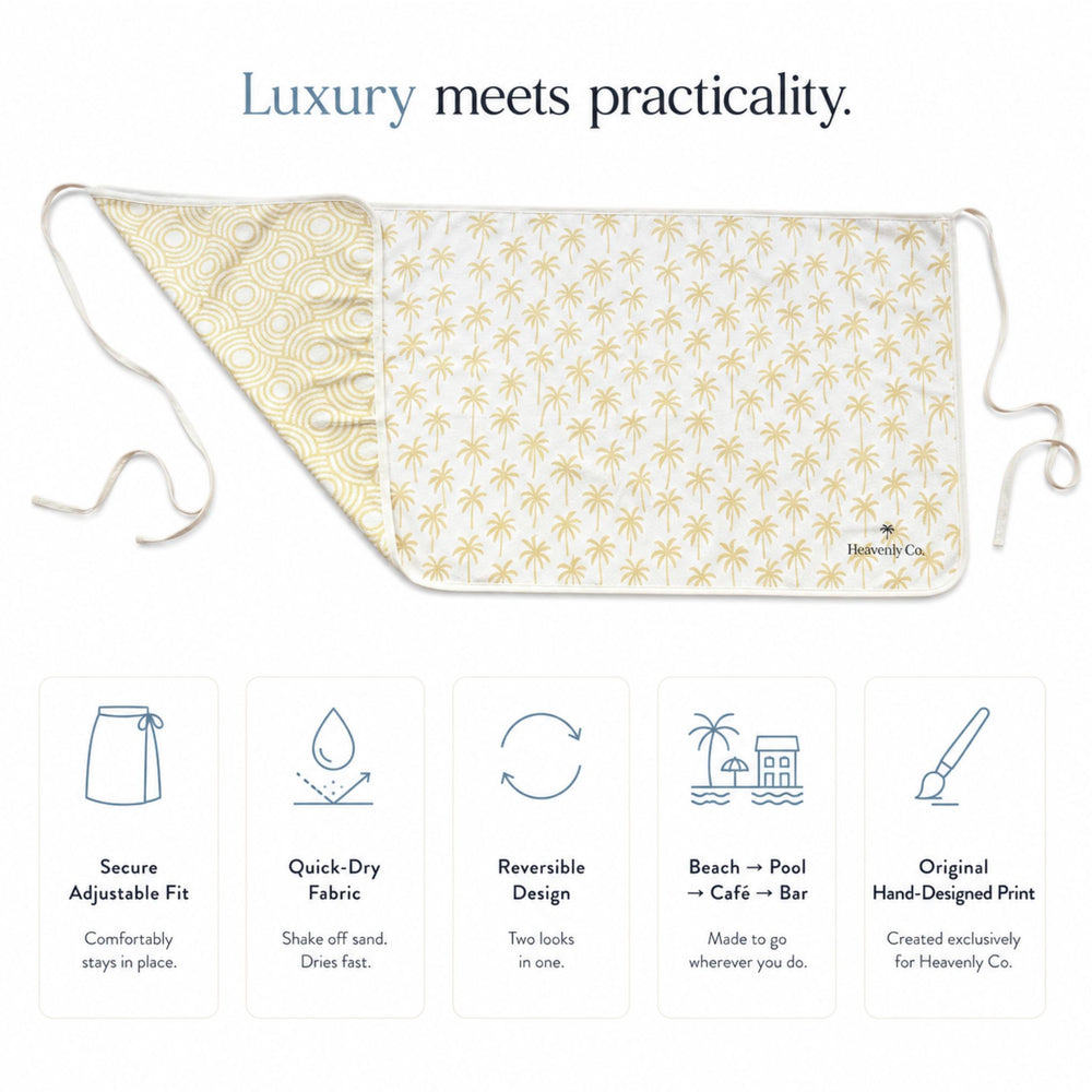 A white apron with a yellow palm tree pattern and adjustable ties, displayed on a white background with marketing text and feature icons below.