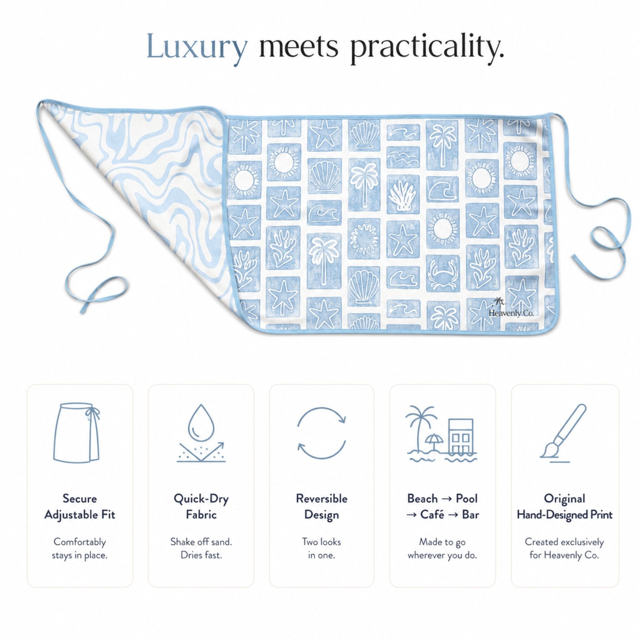 A light blue and white patterned beach towel with drawstrings, displayed above a list of product features on a white background. The top text reads 'Luxury meets practicality.