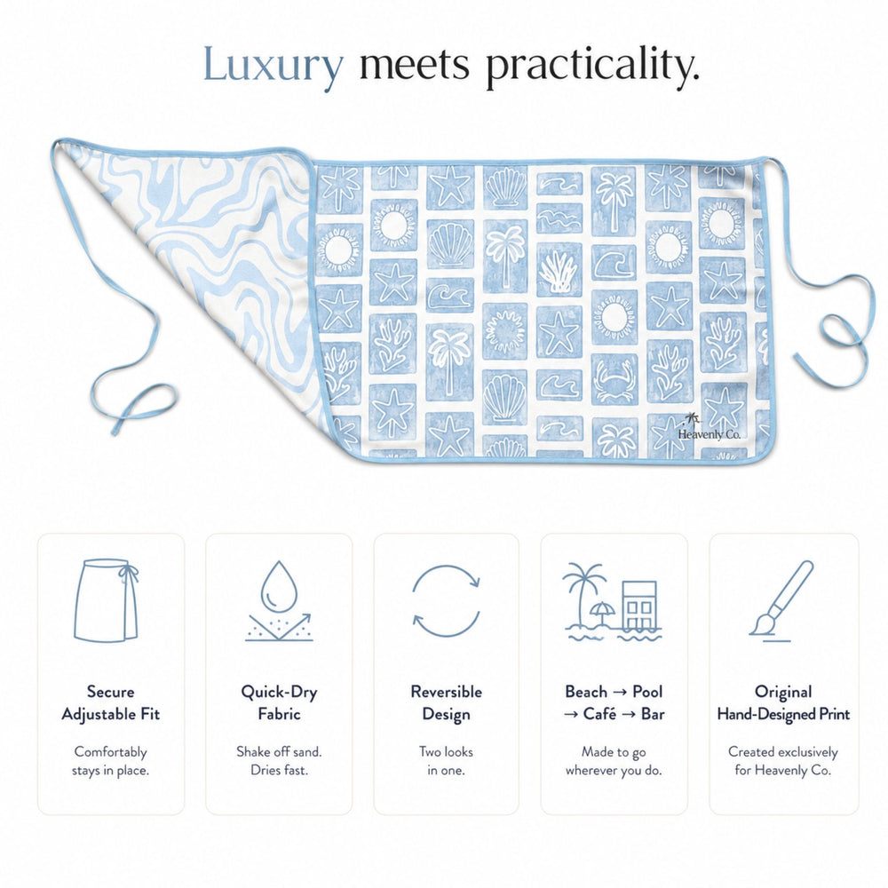 A light blue and white patterned beach towel with drawstrings, displayed above a list of product features on a white background. The top text reads 'Luxury meets practicality.